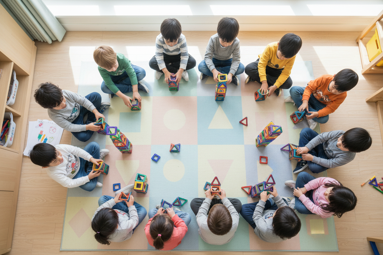 from higher, like a drone and kids have to play with cubes the size of their palms, colored ones